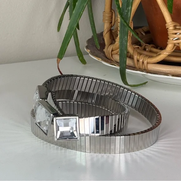 Vintage Y2K Silver Rhinestone Stretch Belt Crystal Statement Belt Disco Style - Picture 3 of 7